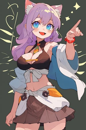 masterpiece, 8k, (best quality, masterpiece), 1girl, standing, upper body, cat ear, paw pose, curly hair, fang, off shoulder, heterochromia, smile, bent over, freckles, blush, skirt, large breasts, kneehighs, looking at viewer(((Huge breasts :1.5, and droopy breasts:1.5)))