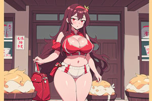 masterpiece, 8k,1girl, solo, (long hair:1.4), skimpy outfit, red eyes, busty, cleavage, amble bosom, jitome, (sexy cosplay costume:1.2), in a brothel, people in background, stand with multiple items, people having sex in the background, (muffin top, thunder thighs, saddlebags hips, thigh_squish )