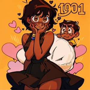 (Perfect body), Best Quality, (blush), (short hair), Dark Skin,  ((thick thighs)),  Tomboy,  shy,  freckles,  black hair,  brown eyes,  tan skin, veronica,  cover,  good fingers,  good hands, best eyes, round pupil, hearts, nervous, yellow dress, retro,1990s \(style\)