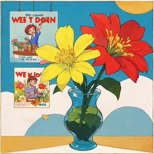 masterpiece, 8k, Westinghouse poster, "We Can Do It!", by J. Howard Miller, a flower in a vase on a table