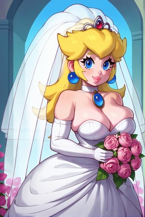 Score_9, Score_8_up, solo, 1girl, princess peach, wedding dress, garde, bouquet, pink flowers, large breasts, smile, lips, looking at viewer, skindentation