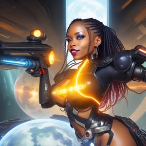 very complex hyper-maximalist overdetailed cinematic tribal darkfantasy of a beautiful black milf woman dressed in cyber techno armor, ((gothic)), wanton, ((lustful)),(3/4 angled shot), ((beautiful face)), ((looking right at the viewer)), (smiling seductively), sci-fi space ship in the background, red and blue lighting, solo, fire, 1woman_holding_a_lasergun,((standing 3/4 view)), ((full body)), weapon, hyper detailed Photograph, (huge GG-cup breasts), ((beautiful face)), ((tiny freckles)), ((dark cherry lipstick)), ((beautiful hands squeezing her breasts)), nude, nipples, 8k, insanely detailed, absurdres, NSFW, Nikon Z9, fantasy art,Annerose,fantasy,perfecteyes,fantasy art,concept art,realistic,sonyeeun