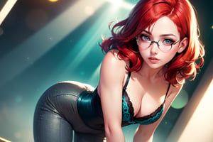 (realistic:1.2), (masterpiece, best quality, ultra-detailed), (beautiful detailed face, beautiful detailed eyes, volumetric lighting),1girl, solo, (dutch angle:1.3), (red hair, grey eyes:1.4), small breasts, perm hair, (black jumpsuit, teal bustier:1.2), monocle,mksks style, (beautiful detailed hill, noon:1.2), (light particles, lens flare, chromatic aberration:1.3),