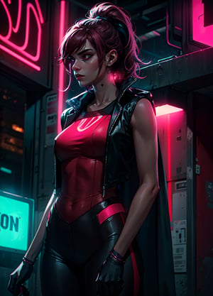 NeonNoir, female woman standing solitary under a subtle red neon glow wearing designer vest, suit trousers, neon night city, dark studio
