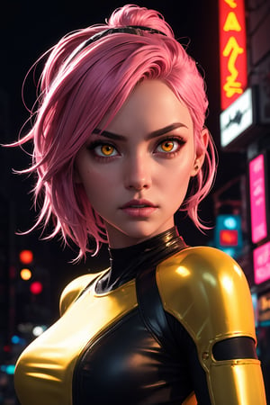 A girl with pink hair, intense golden yellow eyes, wearing Cyberpunk clothes, with her arms made of metal, against a dark background of a neon city at night. detailed-eyes, details-face, details-lips, 