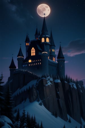 Dark Castle high on mountain, Full moon, 