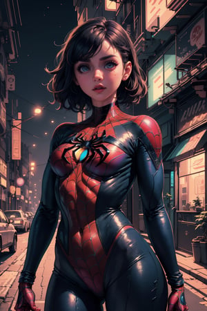 Highres, best quality, extremely detailed, area lighting in background, HD, 8k, 1girl, cute, spiderman,perfecteyes,anamr