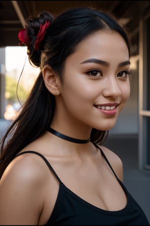 Cellphone photo, (correct proportions:1.2), Sexy pose,(mysterious high school girl:1.3), Experience the beauty of a high school girl with brown-black hair and fair skin, she is smiling, her black eyes reflecting confidence and power. Her hair is elegantly coiled into a bun, adorned with a hairpin featuring a red rose, a blue butterfly, The scene is captured with billboard-quality precision, emphasizing correct proportions and creating a mysterious and atmospheric aesthetic.