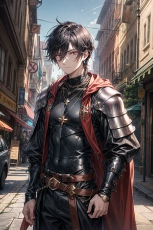 ((Cinematic)), A 20s man with red eyes has diamond-shaped face, slightly long messy jet-black hair, (medieval stylish leather clothing, iron shoulder plate, gemstone pendant necklace (hexagonal shaped), earrings), expressive, determined, medieval fantasy city,road,bganidusk
