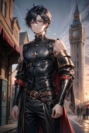 ((Cinematic)), A 20s man with red eyes has diamond-shaped face, slightly long messy jet-black hair, (medieval stylish leather clothing, iron shoulder plate, prism gemstone pendant necklace, earrings), expressive, determined, medieval fantasy city,road,bganidusk