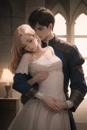 ((Cinematic)), (extremely detailed fine touch:1.2),(masterpiece), (best quality), (concept art), a woman hugged by a man from behind romantically, (medieval modest clothing), expressive, smooth lighting,art, illustration, romantic background, castle, bedroom, soft blending, loose lines, smooth shadow, milf, centered,High detailed, sweet couple, romantic, dynamic angle