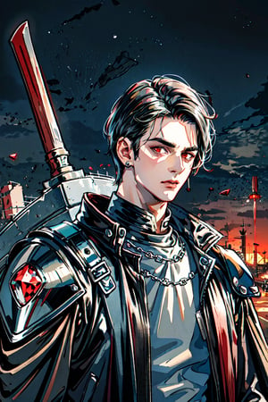 Cinematic, a 20s man with messy jet black hair, red eyes, diamond_(shape) face, defined jawline, (medieval leather jacket, iron shoulder plate, gemstone earrings), ruined castle,bganidusk,comic,1man
