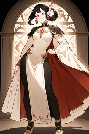 ((Cinematic)), (extremely detailed fine touch:1.2),(masterpiece), (best quality), (concept art), a woman, (ovale-shaped face, straight nose, full lips, red eyes, pointed ears), (modest hairstyles, super black hair), (medieval modest party dress outfit with intricate details, feminine color combo), feminine, expressive, sad, smooth lighting,art, illustration, romantic background, castle, soft blending, loose lines, smooth shadow, SOLO, milf, centered,High detailed, graceful pose, dynamic angle, (MoreOutfits:1.5), (clothes variation), (clothes variation, multiple views:1), fluorescent light effect,aodai
