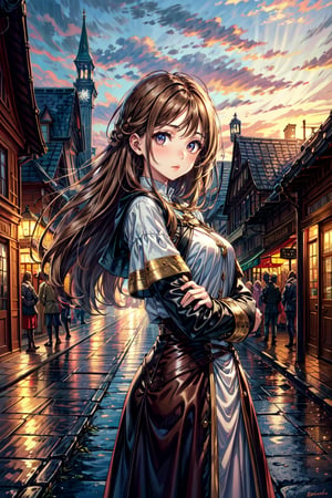 An innocent girl with hazel eyes has round-shaped face, long brown chestnut hair, medieval leather clothing, feminine, medieval fantasy city,road,bganidusk