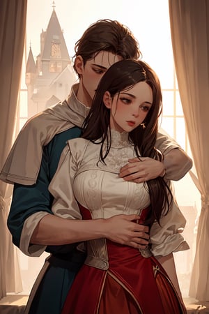 ((Cinematic)), (extremely detailed fine touch:1.2),(masterpiece), (best quality), (concept art), a woman hugged by a man from behind romantically, (medieval modest clothing), expressive, smooth lighting,art, illustration, romantic background, castle, bedroom, soft blending, loose lines, smooth shadow, milf, centered,High detailed, sweet couple, romantic