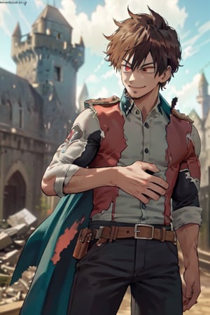 ((Cinematic)), (masterpiece), (ultra detailed), (highly consistent character), (a 20s man, red eyes, determined) with (a girl, body height:shorter, smiling sweet), ruined castle