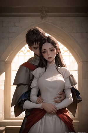 ((Cinematic)), (extremely detailed fine touch:1.2),(masterpiece), (best quality), (concept art), a woman hugged by a man from behind romantically, (medieval modest clothing), expressive, smooth lighting,art, illustration, romantic background, castle, bedroom, soft blending, loose lines, smooth shadow, milf, centered,High detailed, sweet couple, romantic
