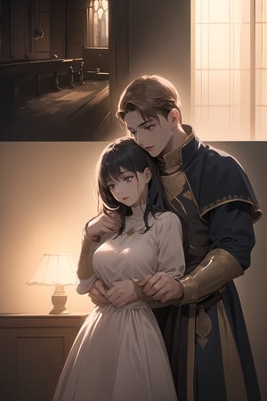 ((Cinematic)), (extremely detailed fine touch:1.2),(masterpiece), (best quality), (concept art), a woman hugged by a man from behind romantically, (medieval modest clothing), expressive, smooth lighting,art, illustration, romantic background, castle, bedroom, soft blending, loose lines, smooth shadow, milf, centered,High detailed, sweet couple, romantic