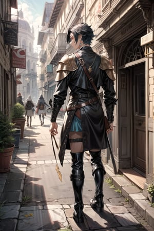 ((Cinematic)), A 20s man with red eyes has diamond-shaped face, messy slightly long jet-black hair, (medieval stylish leather clothing, iron shoulder plate, (round-shaped gemstone pendant), earrings), expressive, sad, medieval fantasy city,road,bganidusk,comic, (back view)