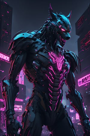 destroyed city, grim visuals, cyborg cyberpunk werewolf, highly detailed, energy weapons, beautiful, great illumination, skynet, neon green lights, dynamic pose