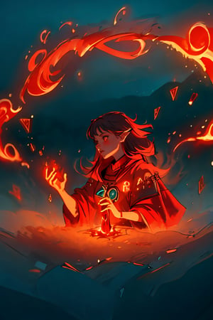 (best quality, masterpiece), 1girl, upper-body, modern red witch, casting fire magic, aura,  iridescent red, magic city, white and red clothing ,GlowingRunes_