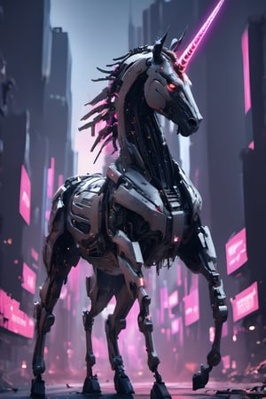 destroyed city, grim visuals, cyborg cyberpunk unicorn, highly detailed, weapons, beautiful, great illumination, skynet