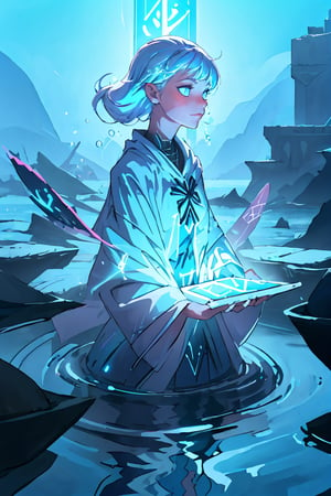 (best quality, masterpiece), 1girl, upper-body, modern blue witch, casting water magic, aura,  iridescent light-blue, magic city, white and blue clothing ,GlowingRunes_