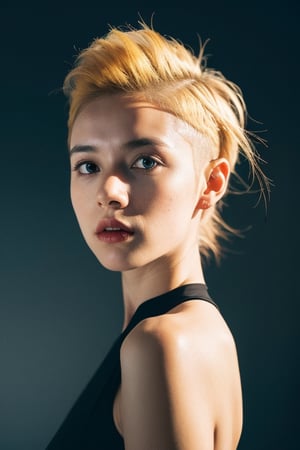 a 20 yo woman, blonde, (hi-top fade:1.3), dark theme, soothing tones, muted colors, high contrast, (natural skin texture, hyperrealism, soft light, sharp)