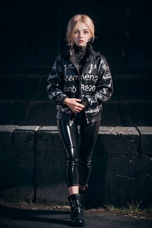 a 20 yo woman, blonde, (full body), dark theme, soothing tones, muted colors, high contrast, (natural skin texture, hyperrealism, soft light, sharp),weiboZH,latex bikesuit,3DMM,fate/stay background,EnvyBeautyMix23,pixel art,drip jacket