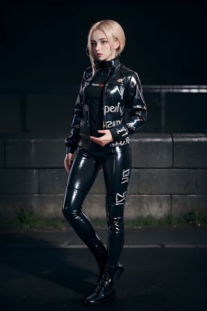 a 20 yo woman, blonde, (full body), dark theme, soothing tones, muted colors, high contrast, (natural skin texture, hyperrealism, soft light, sharp),weiboZH,latex bikesuit,3DMM,fate/stay background,EnvyBeautyMix23,pixel art,drip jacket