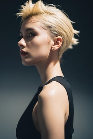 a 20 yo woman, blonde, (hi-top fade:1.3), dark theme, soothing tones, muted colors, high contrast, (natural skin texture, hyperrealism, soft light, sharp)