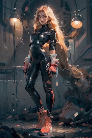 a 20 yo woman, blonde, (full body), dark theme, soothing tones, muted colors, high contrast, (natural skin texture, hyperrealism, soft light, sharp),weiboZH,latex bikesuit,3DMM,fate/stay background,EnvyBeautyMix23