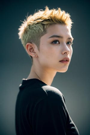 a 20 yo woman, blonde, (hi-top fade:1.3), dark theme, soothing tones, muted colors, high contrast, (natural skin texture, hyperrealism, soft light, sharp)