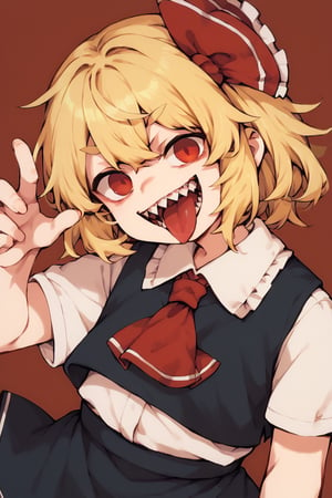 score_9, score_8_up, score_7_up, 1girl, rumia, black vest, white shirt, black skirt, blonde hair, red eyes, red ascot, hair ribbon, collared shirt, sharp teeth, open mouth, teeth, smile, grin, tongue, looking at viewer, rattakoi_(style), (embedding:DeepNegativev1:1.1)