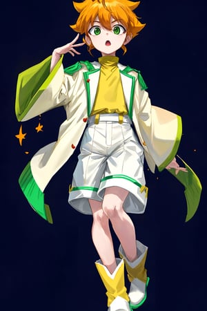 yutendo, 1boy, solo, yellow shirt, white tunic, green eyes, orange hair, fluffy hair, pale skin, white shorts (knee-length), lapels with lime green markings, white boots (mid-calf length), best quality, amazing quality, very aesthetic, absurdres