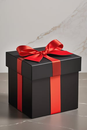 A majestic black gift box adorned with antique flair, in its surface (text on it "TA 1 Year":1.5) in shimmering golden letters. A striking red topknot adorns the lid, adding a pop of vibrant color to the overall design. The box itself is crafted with meticulous attention to detail, showcasing a hyper-realistic finish that invites tactile exploration. Against a dark background, the box's intricate details and rich textures leap forth in high-definition glory over a modern table, soft light from above