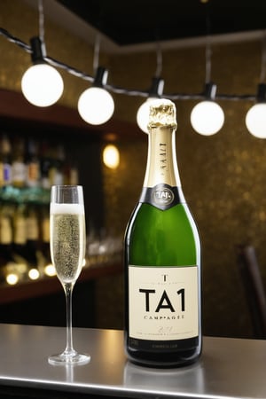 a champagne bottle with a label that says (TA-1 YEAR), bubbles floating inside, over a bar, lights from a bar as background, bar lights, indoor