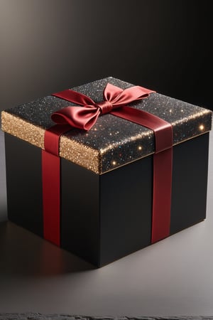 A majestic black gift box adorned with antique flair, a note in the front with the text ((("TA 1 year"))) . A striking red topknot adorns the lid, adding a pop of vibrant color to the overall design. The box itself is crafted with meticulous attention to detail, showcasing a hyper-realistic finish that invites tactile exploration. Against a dark background, the box's intricate details and rich textures leap forth in high-definition glory over a modern table, soft light from above,glitter