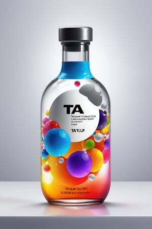 A label inside a bottle saying (TA-1Y), rounded beatiful bottle, transparent liquid, colourful bubbles, over a white modern table, degrade grey background, glass shiny style sotf light,glass shiny style