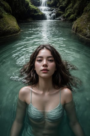 Photography, Portrait, Young woman, Frame: Close-up portrait. Scene: The woman is submerged in a waterfall, her reflection adding an ethereal touch. Details: She wears flowing fabric that floats in the water. Style: Artistic portrait portraying serenity and a connection with nature.  (full body shot) Artist: Ava Williams. Camera Model: Sony Alpha 1. Parameters: 8K UHD.