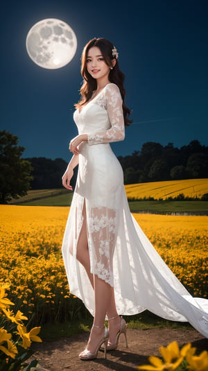 Best quality, masterpiece, photorealistic, ultra high res, 8K raw photo, 1girl, beautifull face, long hair, long lace dress, luxury dress, high heels, smiling, standing on flower field, in the night time, moonlight, full-body_portrait, detailed skin, pore, low angle, detailed background, dim lighting, finely detailed, 8k uhd, dslr