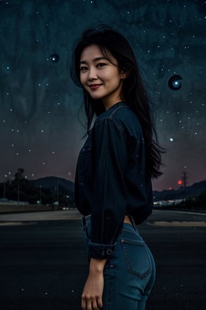 indoors, knees,  'jeans', 'transparent blouse', 'korean woman',  shy smile,  Light Brown Eyes,  'black hair',  ('night sky in the background':1.5),  'side hard Light', 'hard Light from the side'