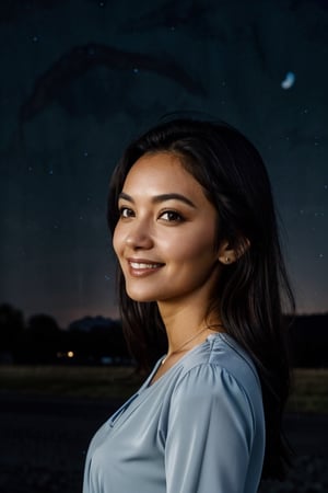 fullbody photoshot, 'blouse', 'woman',  shy smile,  Light Brown Eyes,  'black hair',  ('night sky in the background':1.5),  'side hard Light', 'hard Light from the side'