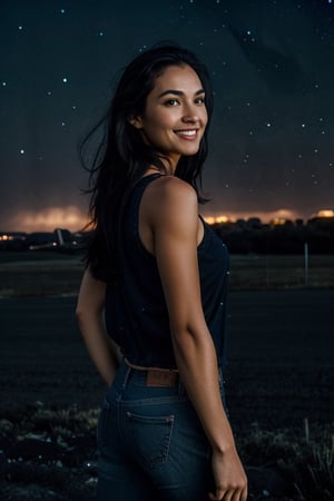 indoors, knees,  'jeans', tanktop, 'wonderwoman',  shy smile,  Light Brown Eyes,  'black hair',  ('night sky in the background':1.5),  'side hard Light', 'hard Light from the side'