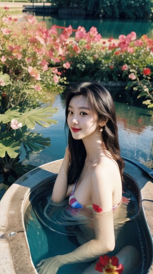 masterpiece, best quality, photorealistic, ultra highres, portrait of beautiful girl, colorfull bikini, black long hair, standing under and bathing in a mirroring lake, colorful flowers, warm light from above, shot by film camera, wide angle, full body shot, highly detailed hand, natural skin-texture