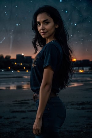 indoors, knees,  'jeans', tshirt, 'wonderwoman',  shy smile,  Light Brown Eyes,  'black hair',  ('night sky in the background':1.5),  'side hard Light', 'hard Light from the side'