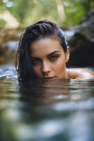 Photography, Portrait, Young woman, Frame: Close-up portrait. Scene: The woman is submerged in a waterfall, her reflection adding an ethereal touch. Details: She wears flowing fabric that floats in the water. Style: Artistic portrait portraying serenity and a connection with nature.  (full body shot) Artist: Ava Williams. Camera Model: Sony Alpha 1. Parameters: 8K UHD.