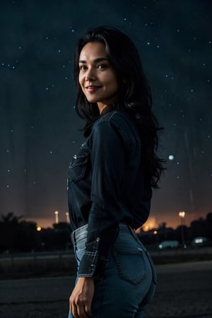 indoors, knees,  'jeans', blouse, 'wonderwoman',  shy smile,  Light Brown Eyes,  'black hair',  ('night sky in the background':1.5),  'side hard Light', 'hard Light from the side'