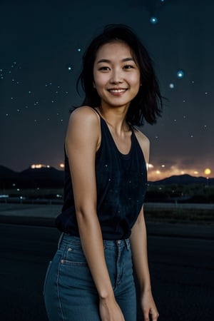 indoors, knees,  'jeans', tanktop, '2 korean women',  shy smile,  Light Brown Eyes,  'black hair',  ('night sky in the background':1.5),  'side hard Light', 'hard Light from the side'