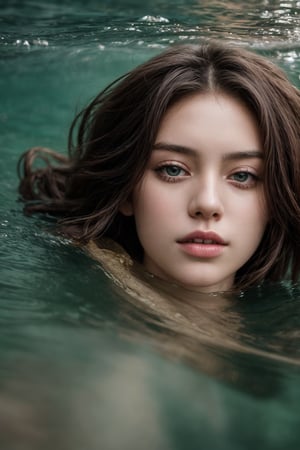 Photography, Portrait, Young woman, Frame: Close-up portrait. Scene: The woman is submerged in a waterfall, her reflection adding an ethereal touch. Details: She wears flowing fabric that floats in the water. Style: Artistic full body shot, portrait portraying serenity and a connection with nature. Artist: Ava Williams. Camera Model: Sony Alpha 1. Parameters: 8K UHD.